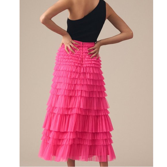 Anthropologie Let Me Be Ruffled Tulle Midi Maxi Skirt Hot Pink - XS - Picture 2 of 11
